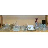 Various moulded glass, dressing table stand, a Whitefriars style tapering vase, drinking glasses,