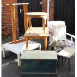 A lounge chair with floral cushions, folding table, 19thC painted pine tool box, of rectangular