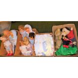 Various dolls, mid 20thC and later Celluloid, etc., (2 boxes) and a quantity of other soft toys,