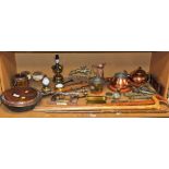 Various copper, brass and effects, small copper jug, pistol lighter, walking sticks, brass taps, tie