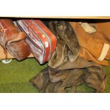 A gentlemen's Barbour jacket, size XL, sheepskin coat, size XL, various faux fur, travel cases, etc.