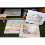 Prints pictures frames, RP white watercolour, various screen prints, mounts, etc. (1 shelf)