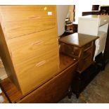 Various furniture, three drawer teak chest, oak drop leaf table, painted pedestal cabinet, 73cm