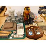 Various decorative glassware, flatware, early 20thC folding rulers, tape measures, case cutlery,