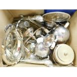 Various silver plated ware, other base metalware, etc., dishes plates, goblets, etc. (1 box)