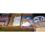 Various linen, knitted bed throws, various other linen, wool, etc. (4 boxes)