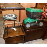 Various furnishings, garden table, oak finish side table, electric lawn mower and a Philips