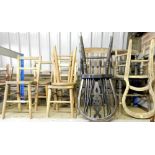 Various chairs, chapel chairs with horizontal back splats, vertical lathe back chair, balloon back