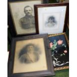 Three late Victorian photographic prints, to include soldier, oak frames, tapestry, etc. (a