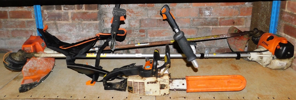 Electrical garden items, strimmers, chain saw, etc. (a quantity)