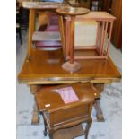Various furnishings, an oak sewing box, dining room trolley, heavily carved oak extending table,
