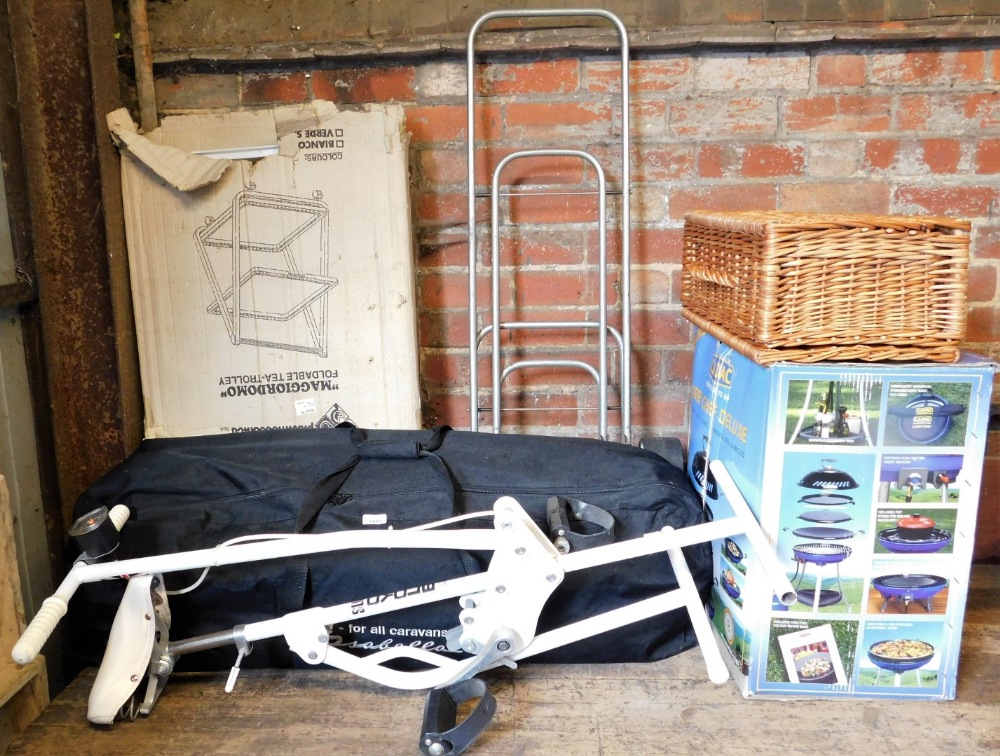 Various items, folding exercise bike, wicker hamper, boxed trolley, boxed barbecue, etc. (a