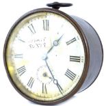 A late 19th/early 20thC brass cased alarm clock, the dial with Roman numerals, with brass movement s