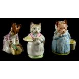 Three Beswick Beatrix Potter figures, Aunt Pettitoes, Ribby and Hunca Munca Sweeping, all brown back
