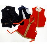 Various British military dress waistcoats, some with buttons in navy, red with gold piping, etc. (4)