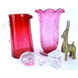 A cranberry tinted vase, with engraved decoration of snow drops, a cranberry tinted jug, etc., to in