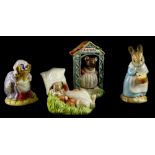 Four Royal Albert Beatrix Potter figures, Benjamin Wakes Up, Miss Dormouse, Lady Mouse made a curtsy