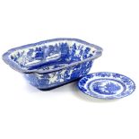 A Royal Doulton blue printed rectangular wash bowl, decorated with a willow pattern, and a similar p