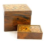 A Tunbridge ware rosewood box, the hinged lid decorated with a cube design in specimen timbers, with