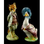 Two Beswick Beatrix Potter figures, Foxy Whiskered Gentleman and Jemima Puddleduck, both gold backst