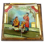 A 19thC oriental reverse painting on glass, depicting a lady with an apple, with two attendants with