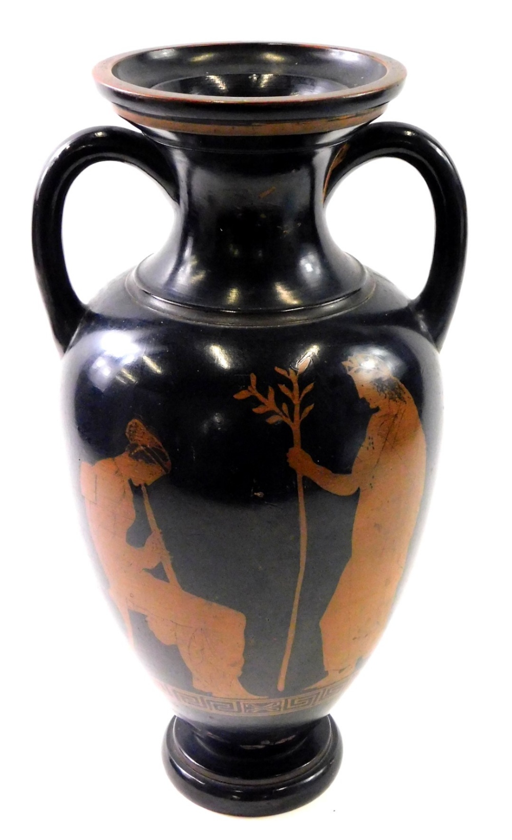 A 19thC terracotta Etruscan revival two handled vase, decorated with figures above a Greek key band,