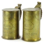 An unusual pair of French Trench Art tankards, each bearing the inscription Bailleul Herven Elene an