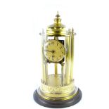 A Portico shaped brass Anniversary clock, with paper dial with Arabic numerals, within glass dome, 4