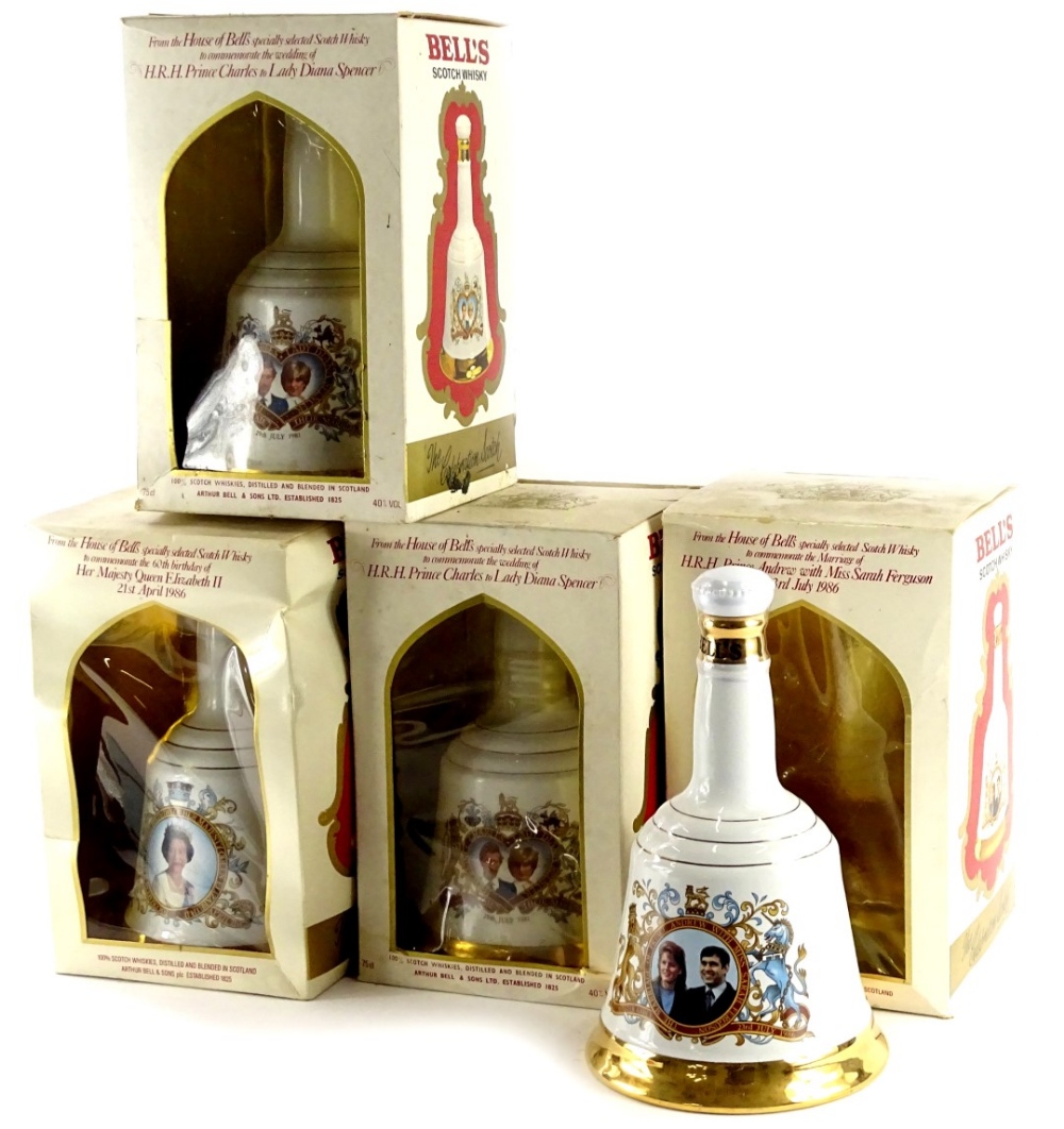 Four bottles of Bells Royal commemorative whisky, for Queen Elizabeth II 60th birthday 1986, the Wed