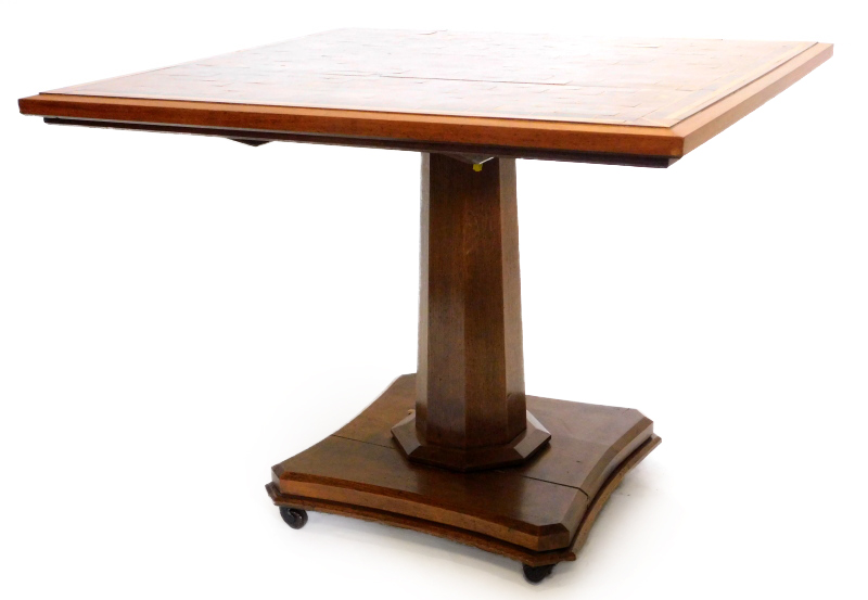 A Victorian oak and specimen timber breakfast table, the rectangular top inlaid in stylised brickwor