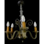 A Venetian type five branch chandelier, with twisted decoration, etc., 50cm high, 42cm wide.