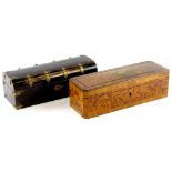 A continental burr yew and tulip wood banded glove box, the hinged lid with an ebonised and brass in