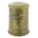 An unusual brass Trench Art child's money box, modelled in the form of a letterbox with hinged door,