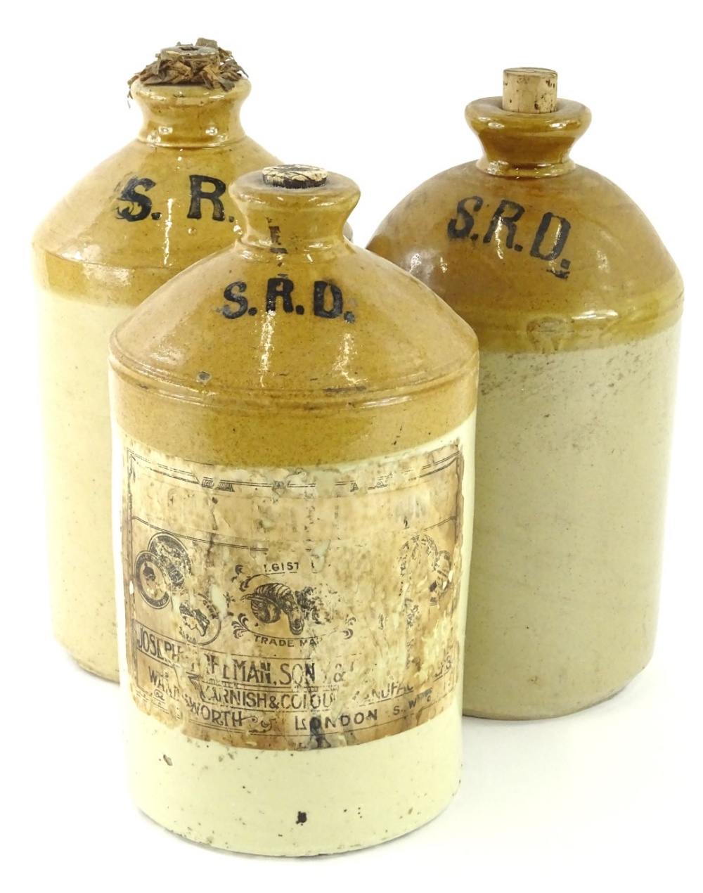 Three stoneware flagons, each bearing initials SRD for Services Rum Department, various sizes.