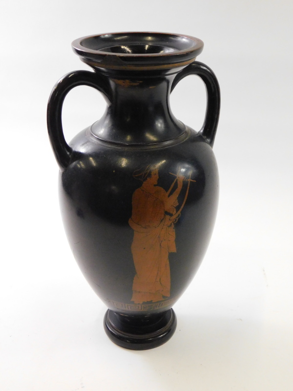 A 19thC terracotta Etruscan revival two handled vase, decorated with figures above a Greek key band, - Image 2 of 2