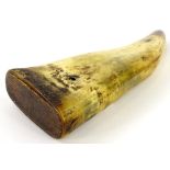 A large 18thC powder horn, of plain form, 33cm long.