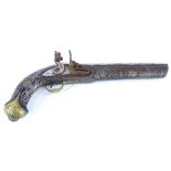 A 19thC continental pistol, inlaid overall in white coloured metal, brass and copper, the barrel ela