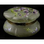 A late 19th/early 20thC white frosted glass box and cover, decorated with purple flowers, and leaves