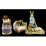 Four Royal Albert Beatrix Potter figures, Peter in Bed, Peter in a gooseberry net, This Pig Had None