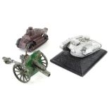 A plated metal desk ornament, modelled in the form of a First World War tank, 9cm long, a Tootsie To