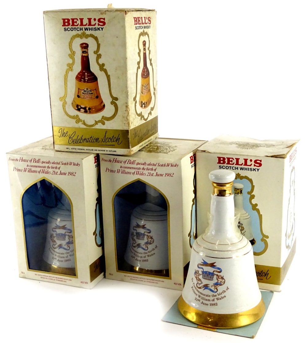 Three 50cl bottles of Bells commemorative whisky, to commemorate the birth of Prince William 1982, a