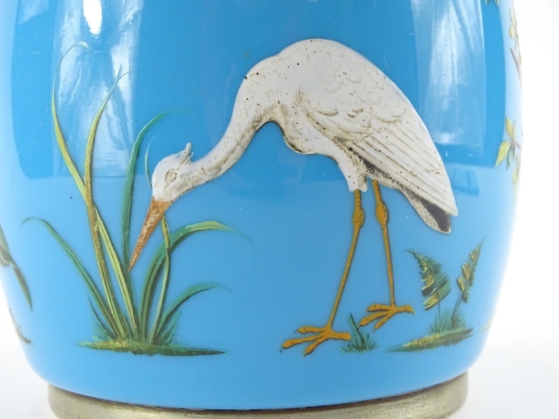 A Victorian blue opaque glass biscuit barrel in aesthetic style, decorated with trees, leaves, stalk - Image 2 of 2