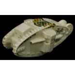 A crested porcelain model of a First World War tank, HMS Donner Blitzen, with crest of Plymouth, no