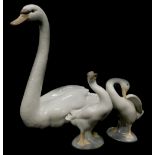 A Lladro porcelain figure of a swan, 21cm high, and two small geese. (3)
