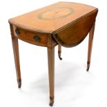 A satinwood and rosewood Pembroke table in George III style, the oval top inlaid centrally with a bo