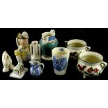 A collection of ceramics, to include a mocha ware pint jug, a pair of Staffordshire cauldrons, each