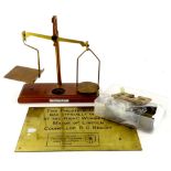 A set of brassed metal scales, with plaque for Arnold Precision Scales, various weights and a Lincol