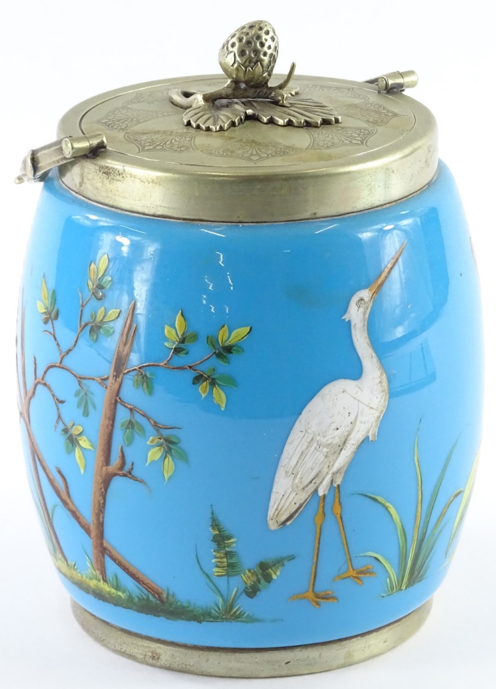 A Victorian blue opaque glass biscuit barrel in aesthetic style, decorated with trees, leaves, stalk