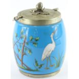 A Victorian blue opaque glass biscuit barrel in aesthetic style, decorated with trees, leaves, stalk