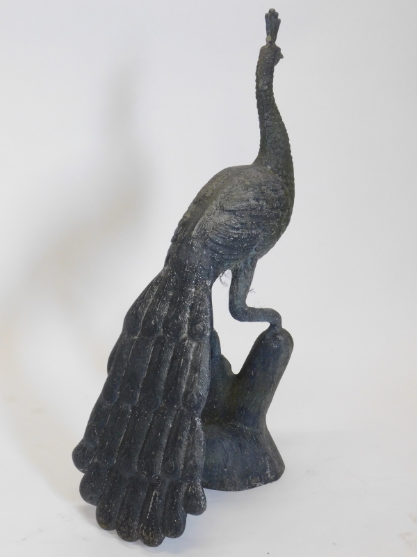 A bronzed metal peacock garden ornament, in oriental style, standing on a tree stump, 86cm high. - Image 2 of 2